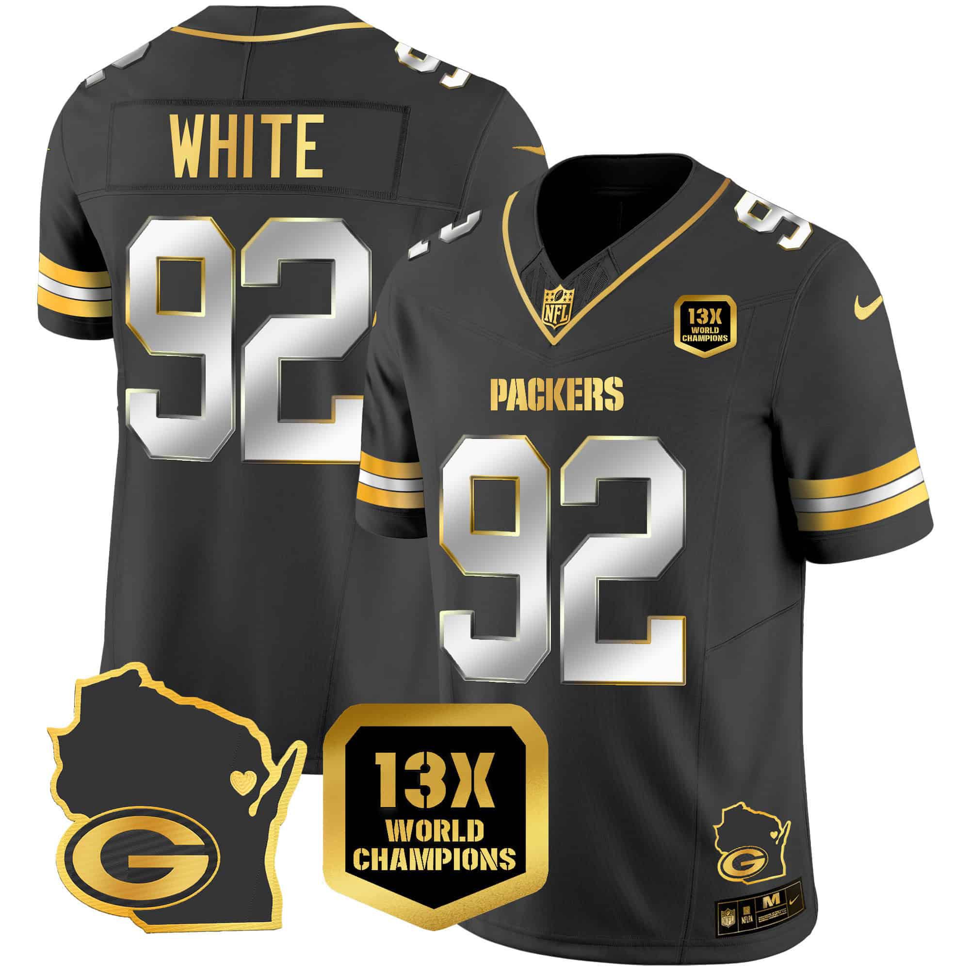 Men Green Bay Packers #92 White Black Gold 2024 Nike World Champions Home Patch Vapor NFL Jersey style 1->indianapolis colts->NFL Jersey
